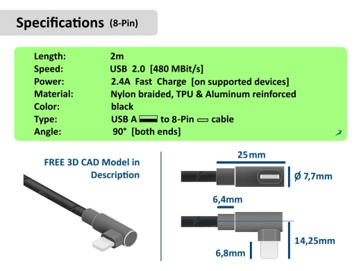 REMHA 8 针 90° 直角 2m USB 数据线缩略图